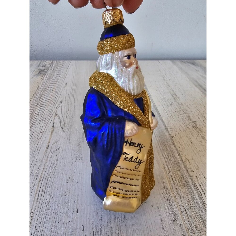 Patricia breen Santa making his list Henry Teddy list gold blue ornament Xmas tr